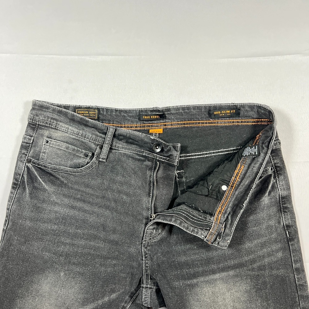 True Rebel Jeans Mens 34X30 Dark Gray Premium Denim 808 Slim Fit Straight Leg - Picture 8 of 16